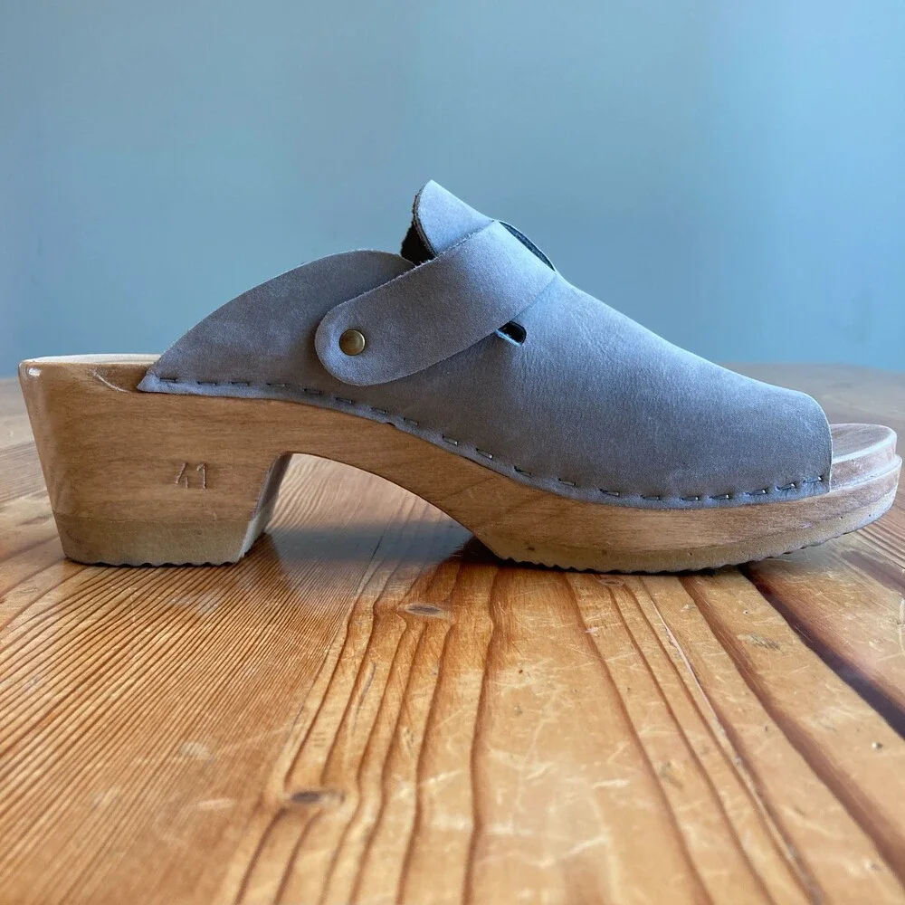 No. 6 Shoes Grey Leather Open Toe Wooden Clogs Sandals - Size 41 / 10.5 - 0425NK